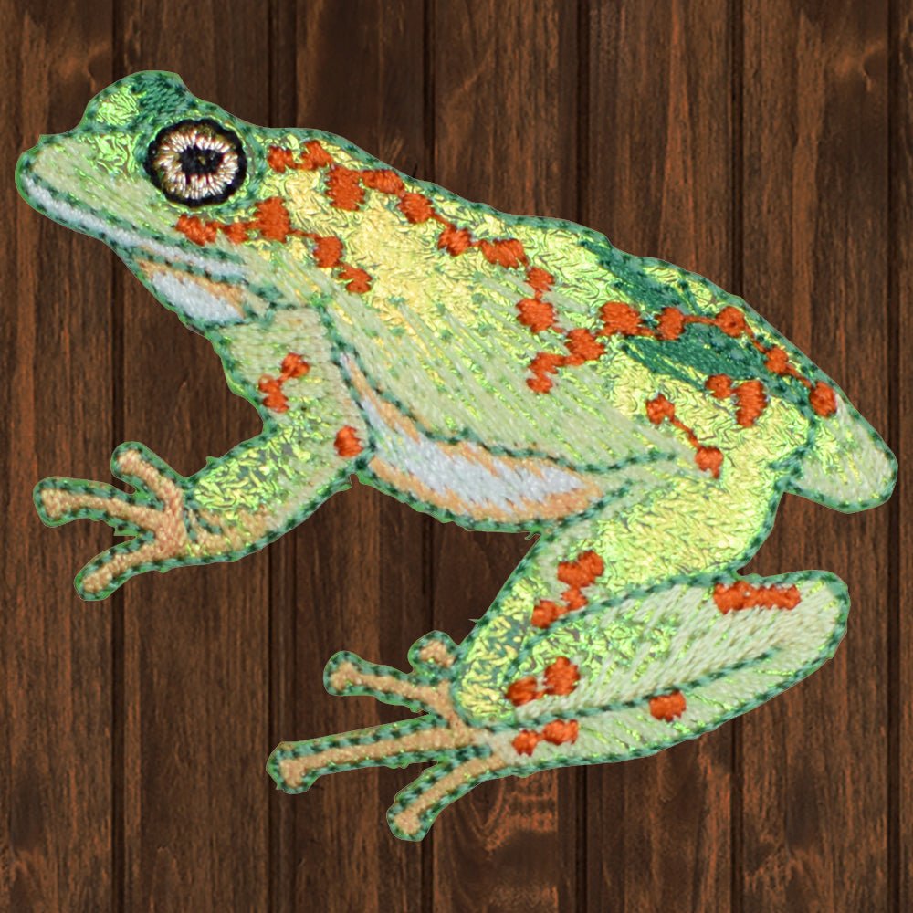 embroidered iron on sew on patch green shiny frog orange spots