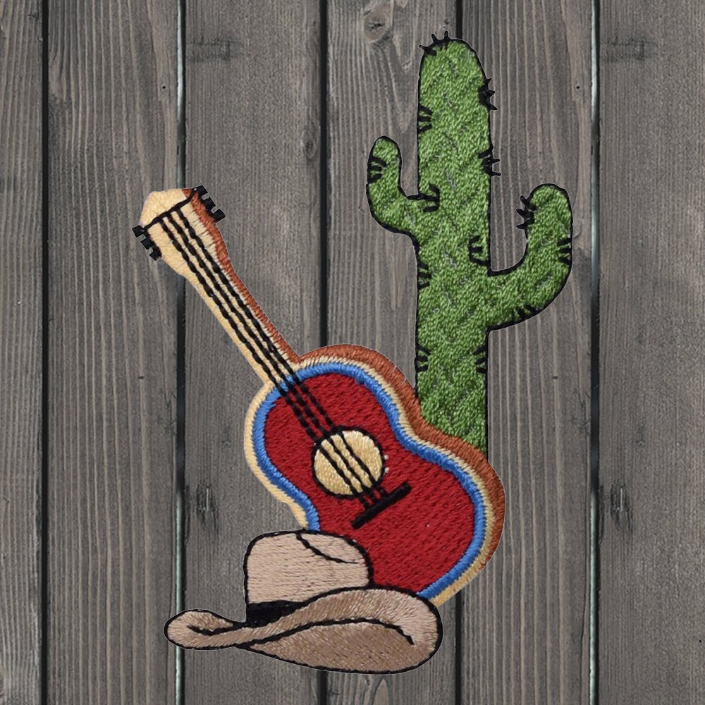 embroidered iron on sew on patch guitar cactus cowboy hat