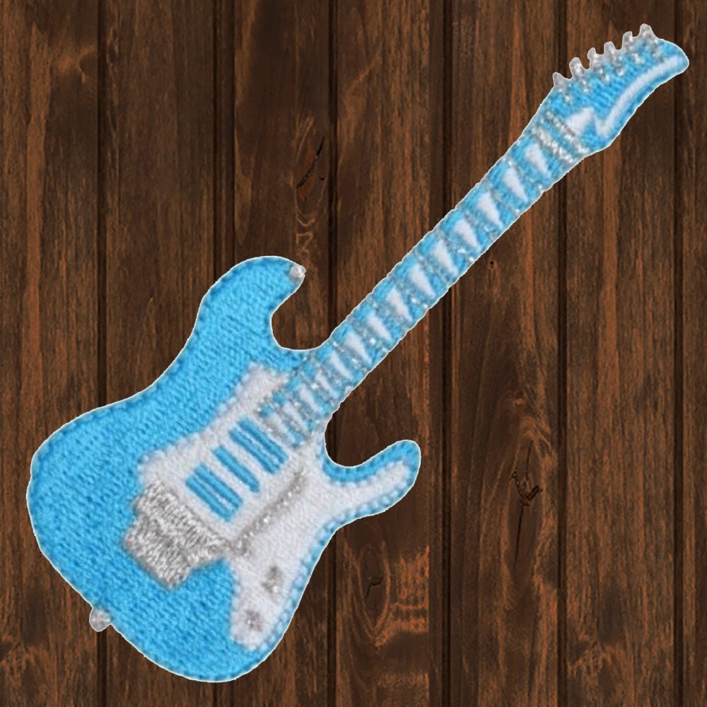 embroidered iron on sew on patch guitar turquoise white 2