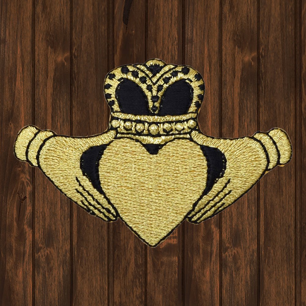 embroidered iron on sew on patch hands heart crown gold black