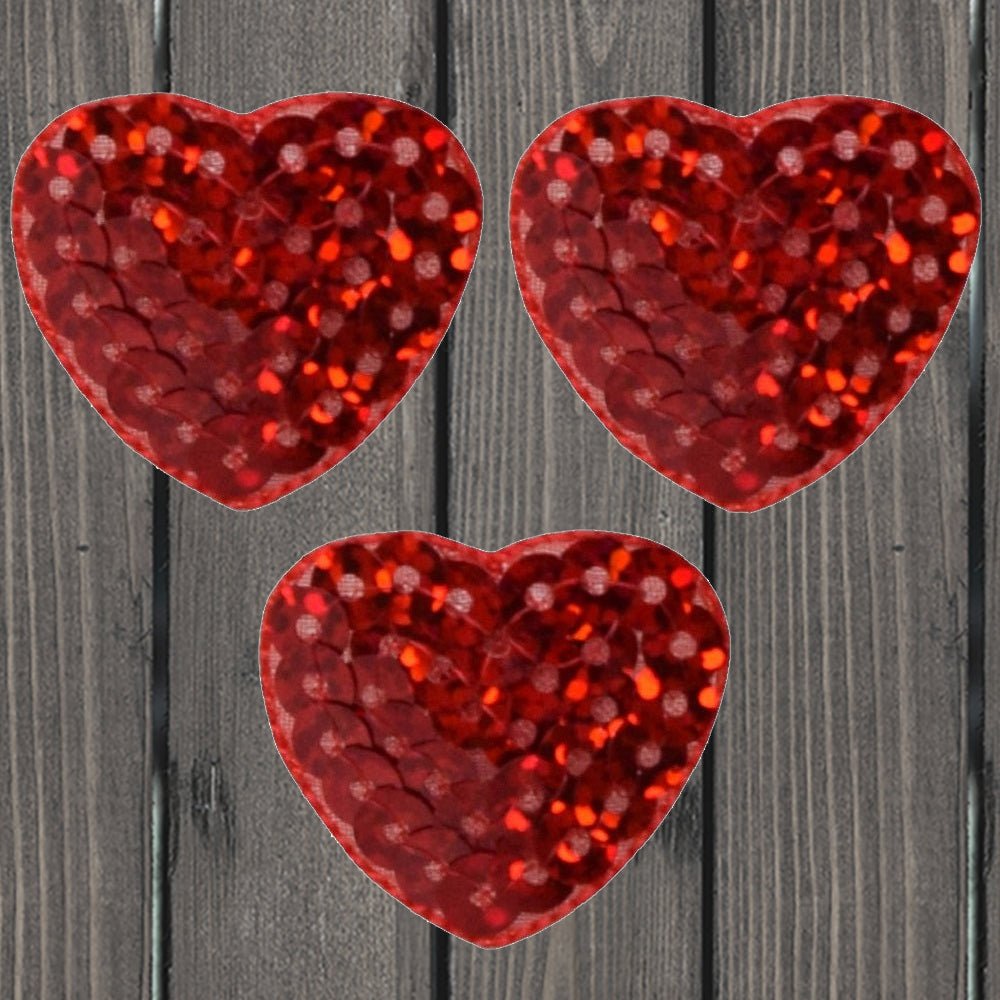 embroidered iron on sew on patch heart red sequins 3 pack