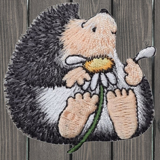 Hedgehog picking daisy flower applique patch