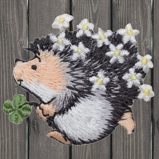 Hedghog holding shamrock clover with flowers on back embroidered applique patch