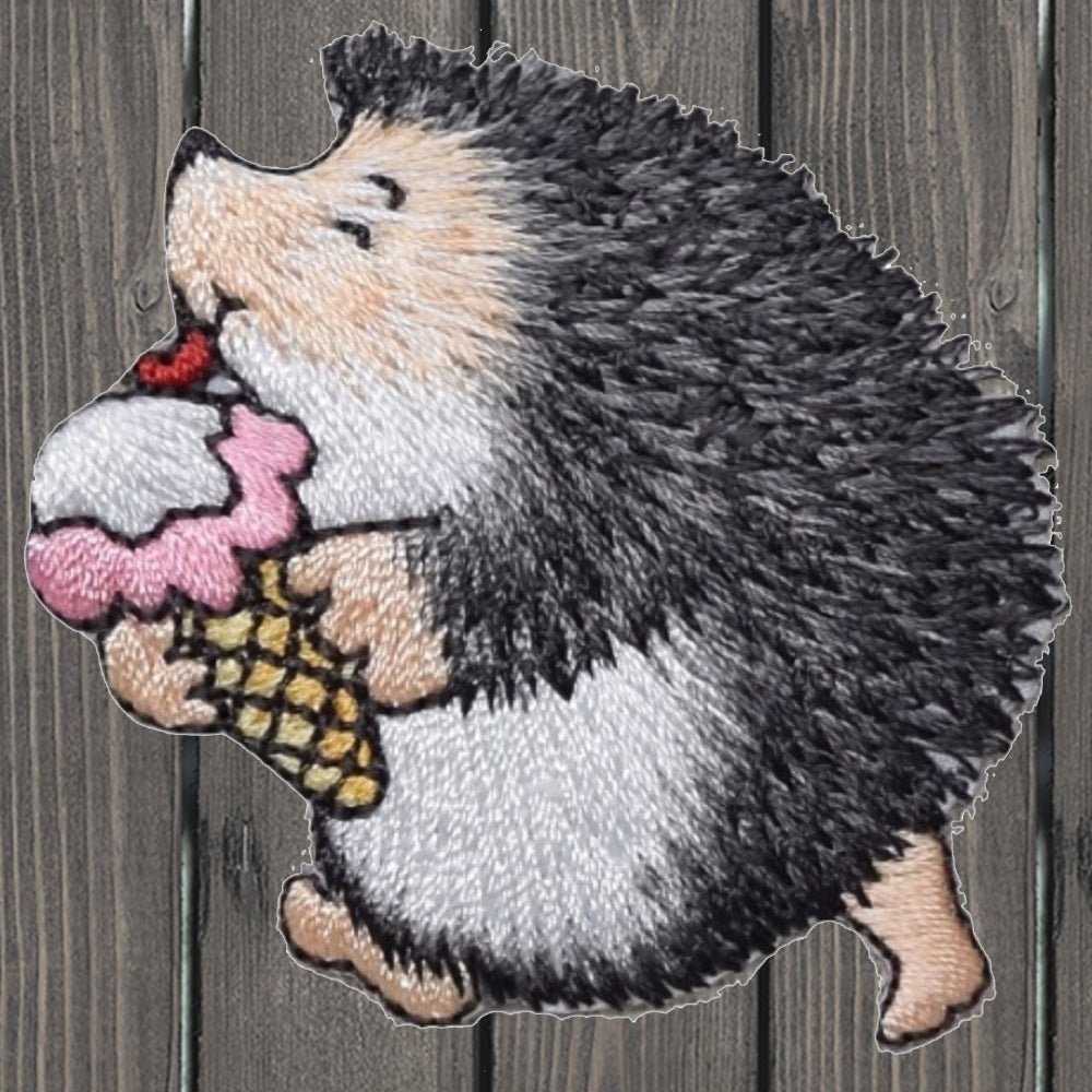 Hedgehog eating ice cream embroidered applique patch