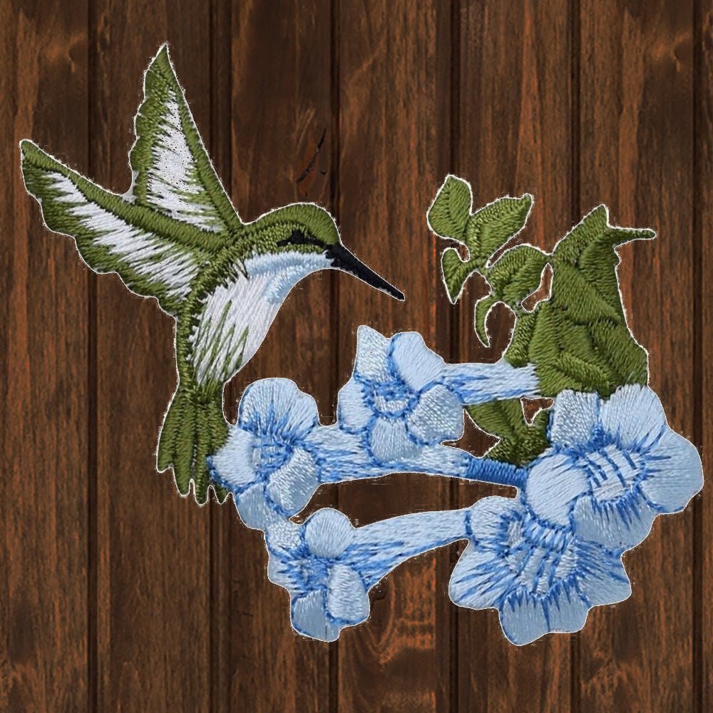 embroidered iron on sew on patch hummingbird blue left with flower 2