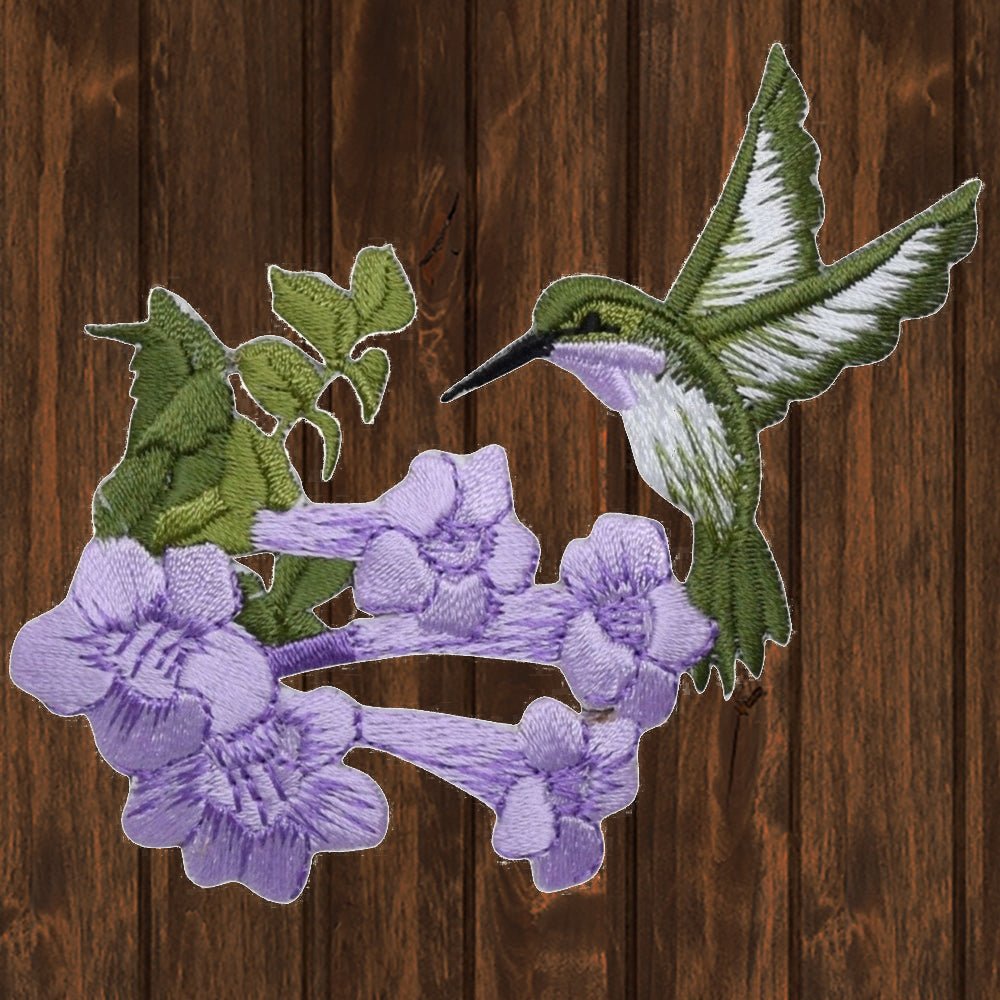 embroidered iron on sew on patch hummingbird lavender with flower large 2