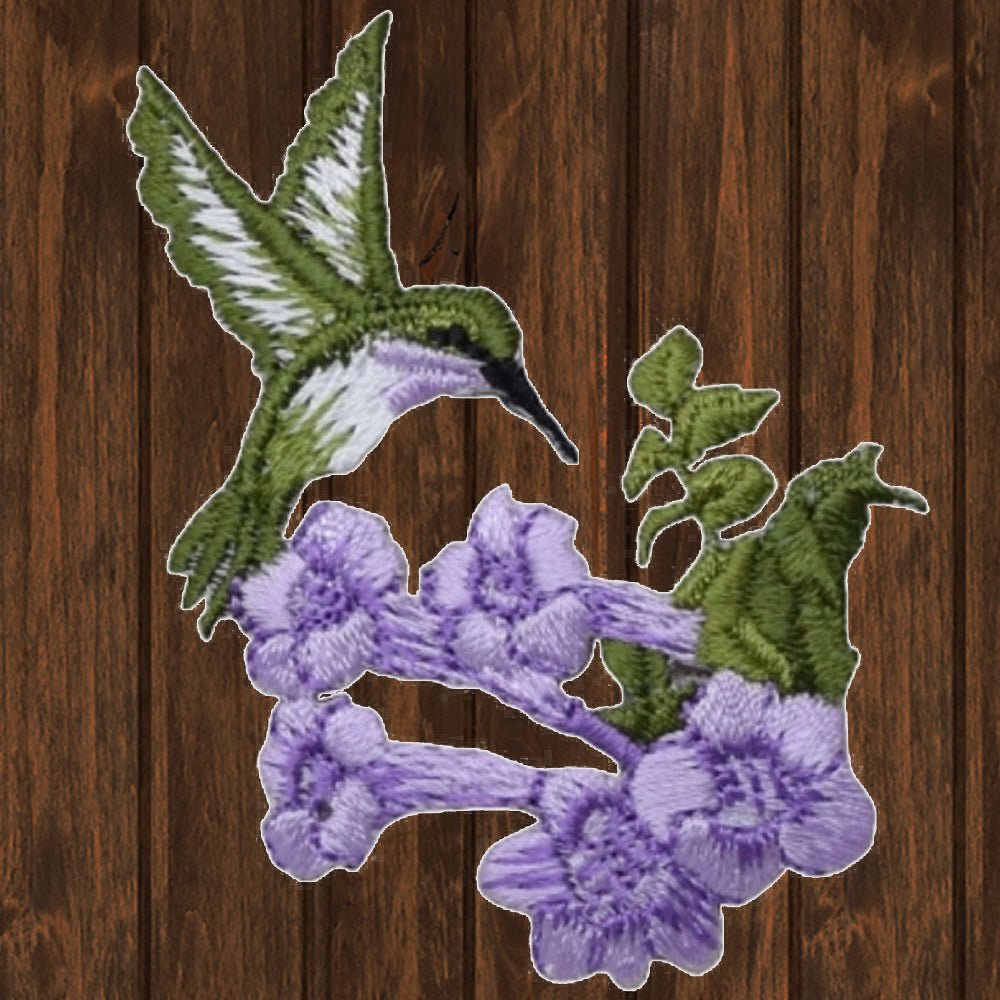embroidered iron on sew on patch hummingbird with flower lavender small