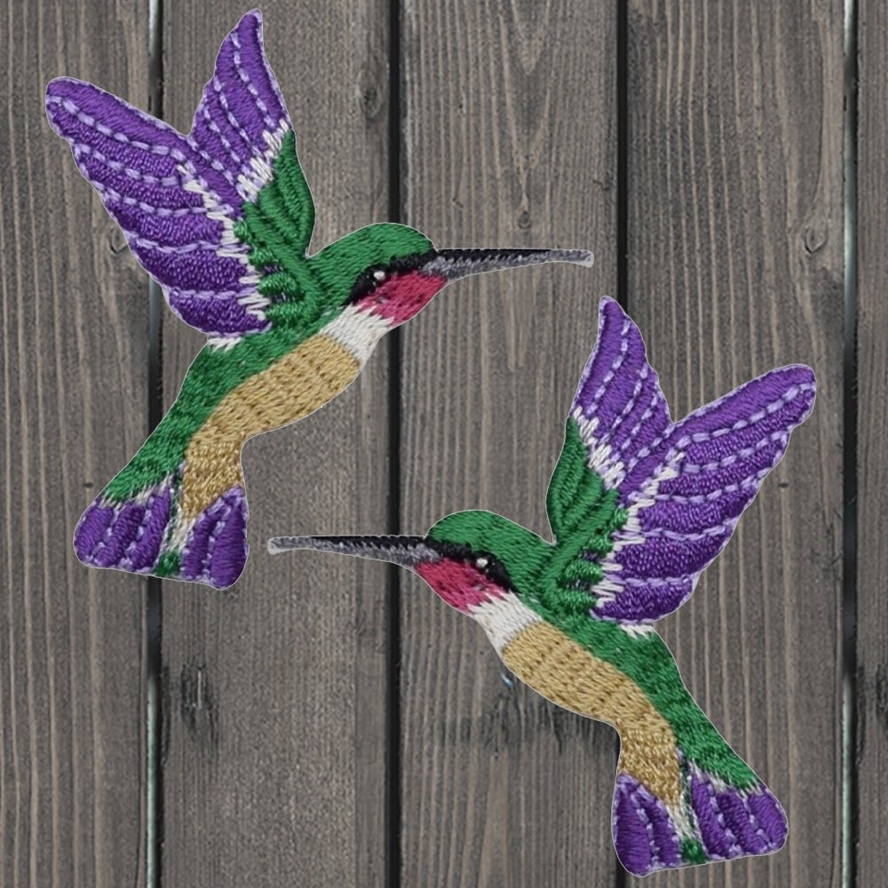 embroidered iron on sew on patch hummingbirds purple left right
