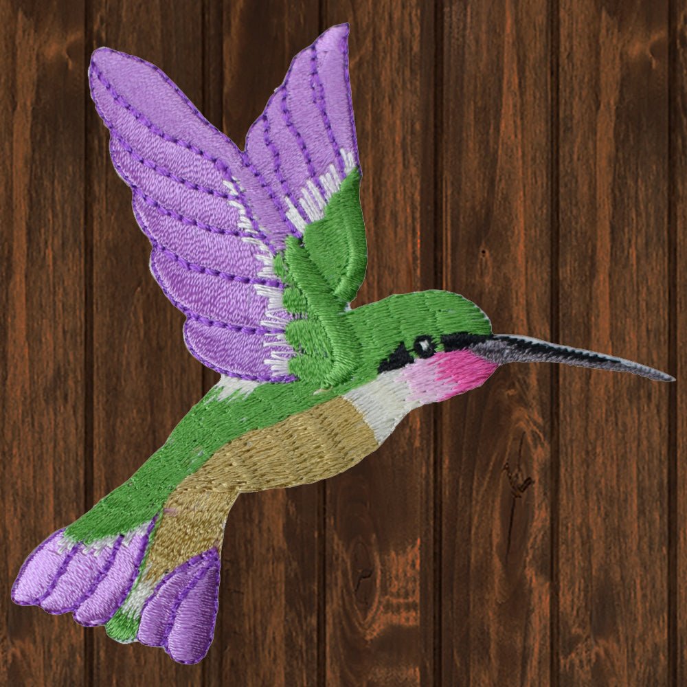 embroidered iron on sew on patch large hummingbird right purple green