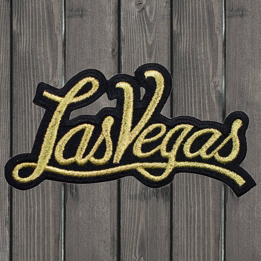 embroidered iron on sew on patch las vegas black gold script