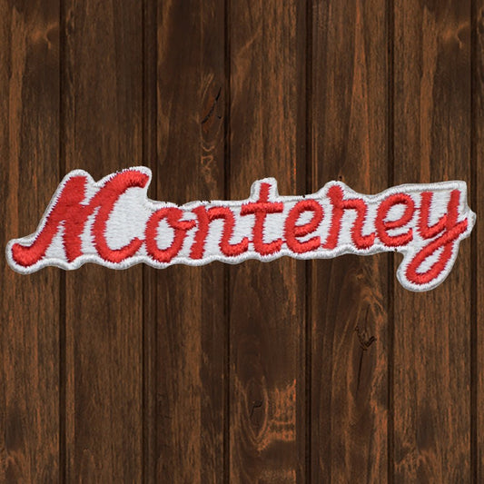 embroidered iron on sew on patch monterey red script