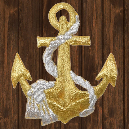 embroidered iron on sew on patch nautical gold anchor with silver rope 2