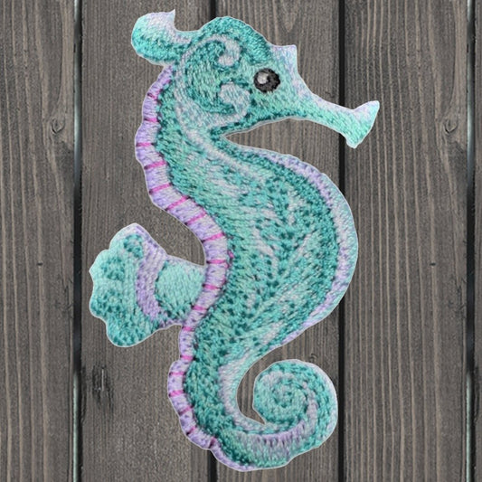 embroidered iron on sew on patch pastel green sea horse
