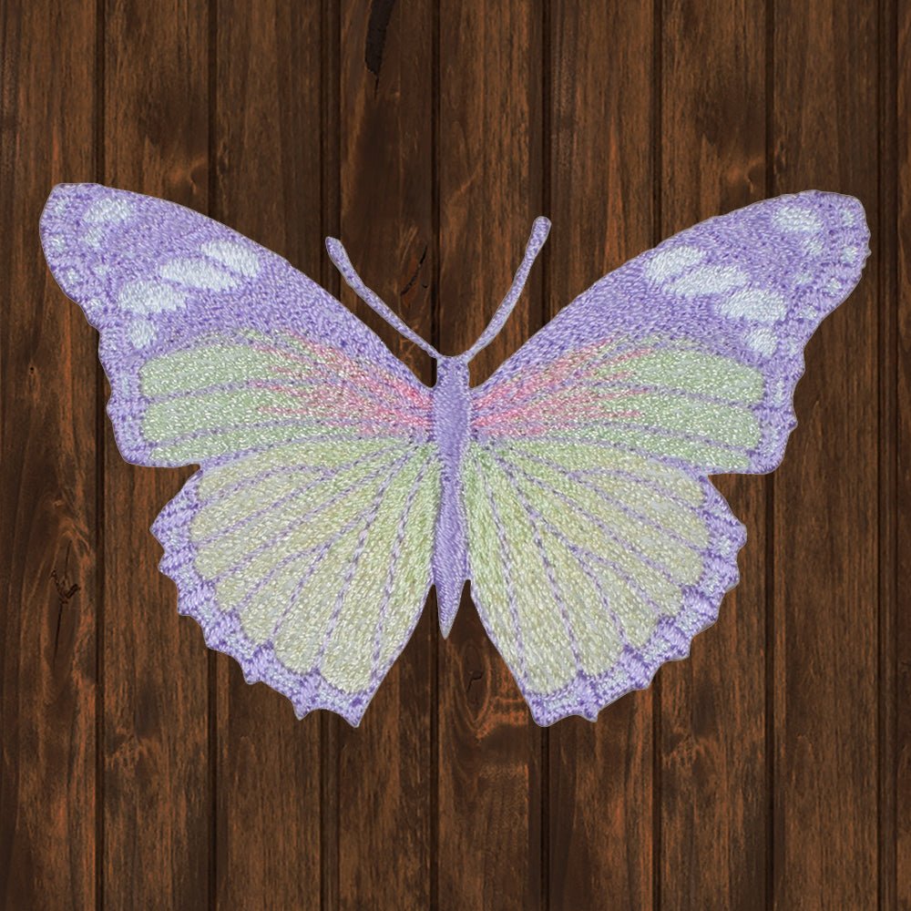 embroidered iron on sew on patch pastel purple green yellow butterfly