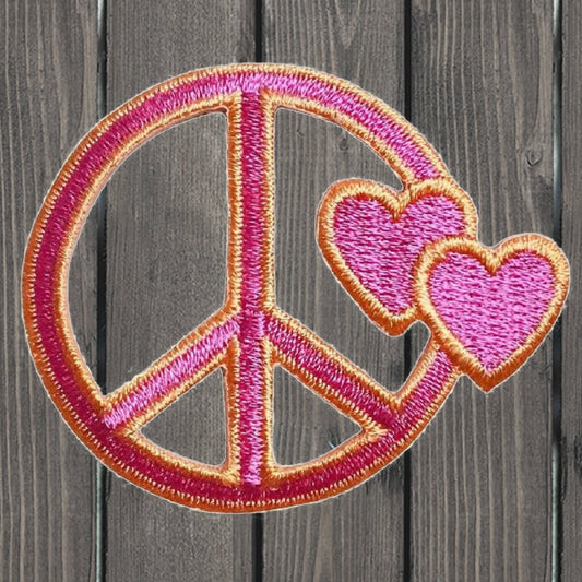 embroidered iron on sew on patch peace sign two hearts fuchsia pink orange