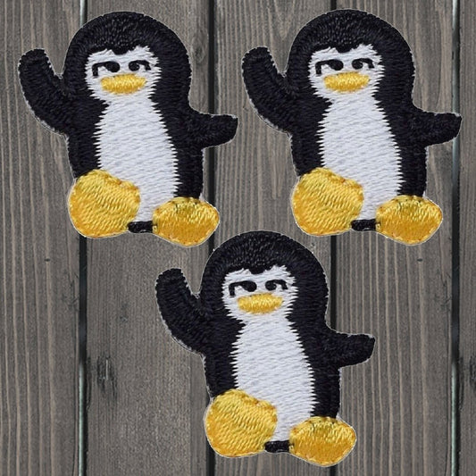 embroidered iron on sew on patch penguin waving childrens small