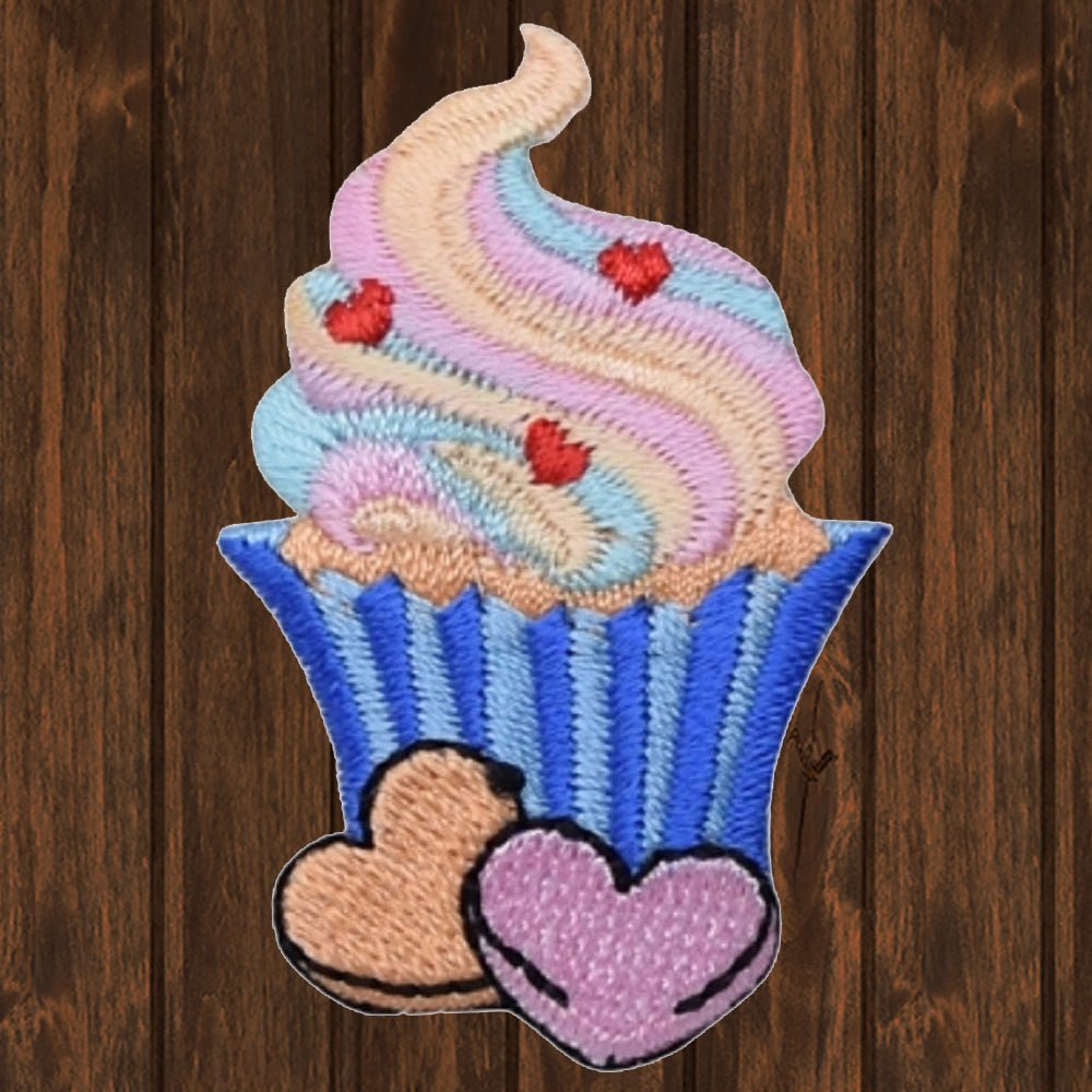 embroidered iron on sew on patch pink and blue cupcake with sweet hearts 2