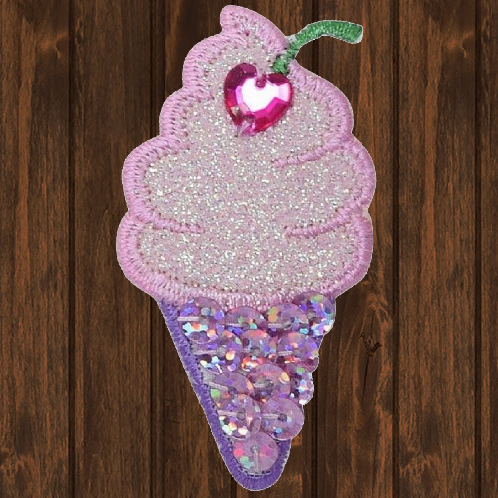 embroidered iron on sew on patch pink and purple ice cream cone with cherry