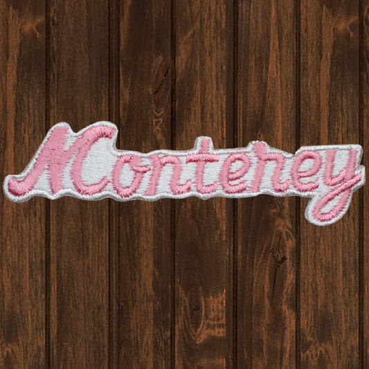 embroidered iron on sew on patch pink monterey script