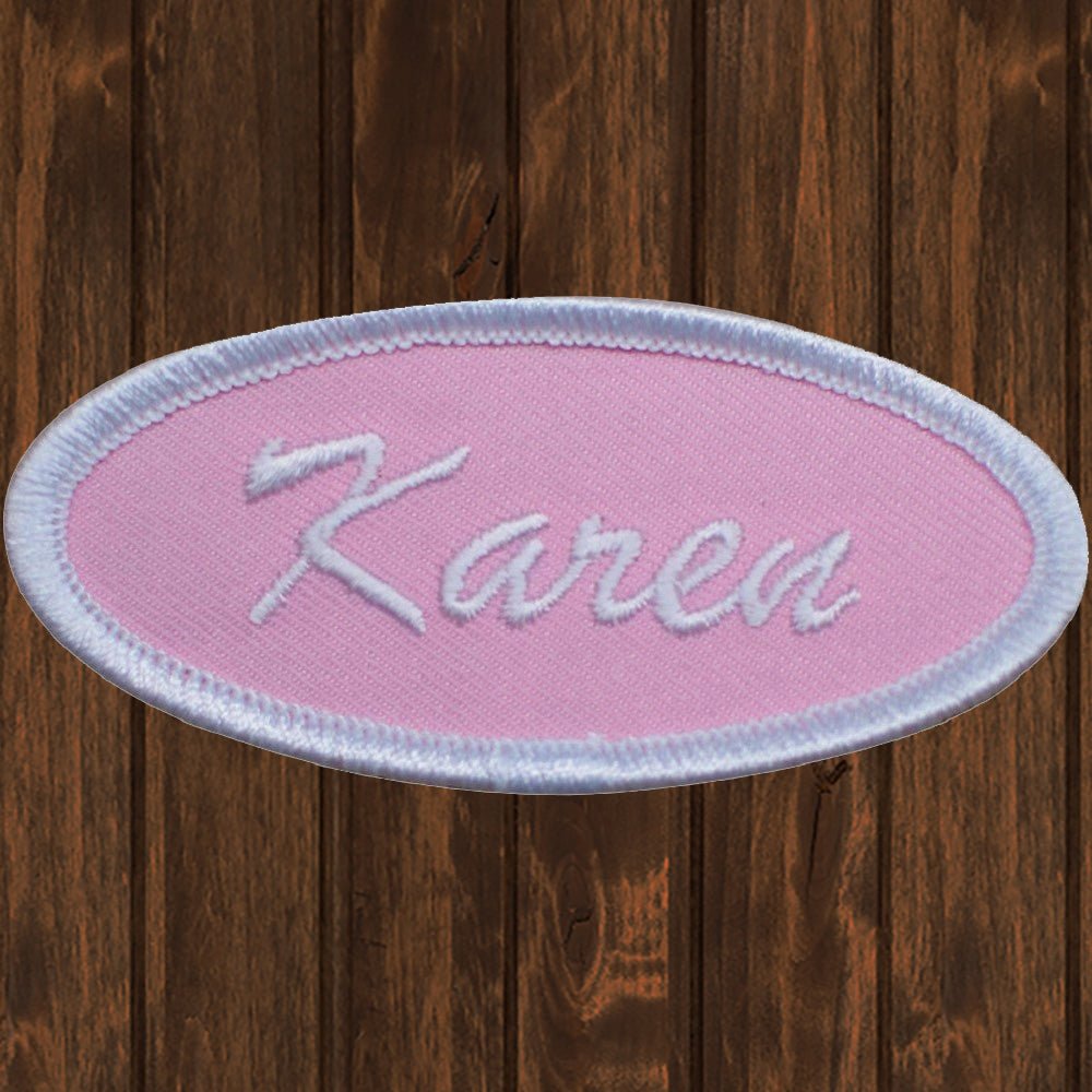 embroidered iron on sew on patch pink oval karen
