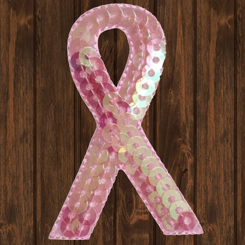 embroidered iron on sew on patch pink sequin cancer ribbon 2