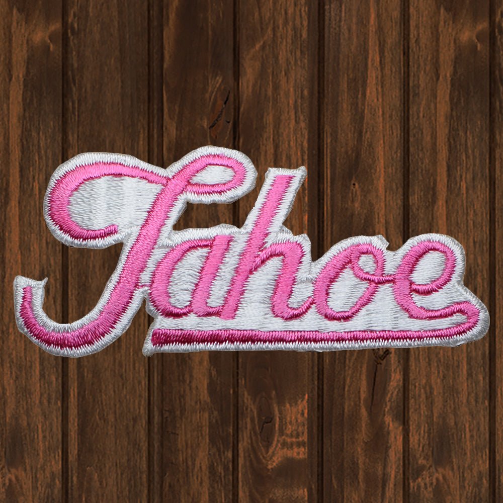 embroidered iron on sew on patch pink tahoe script