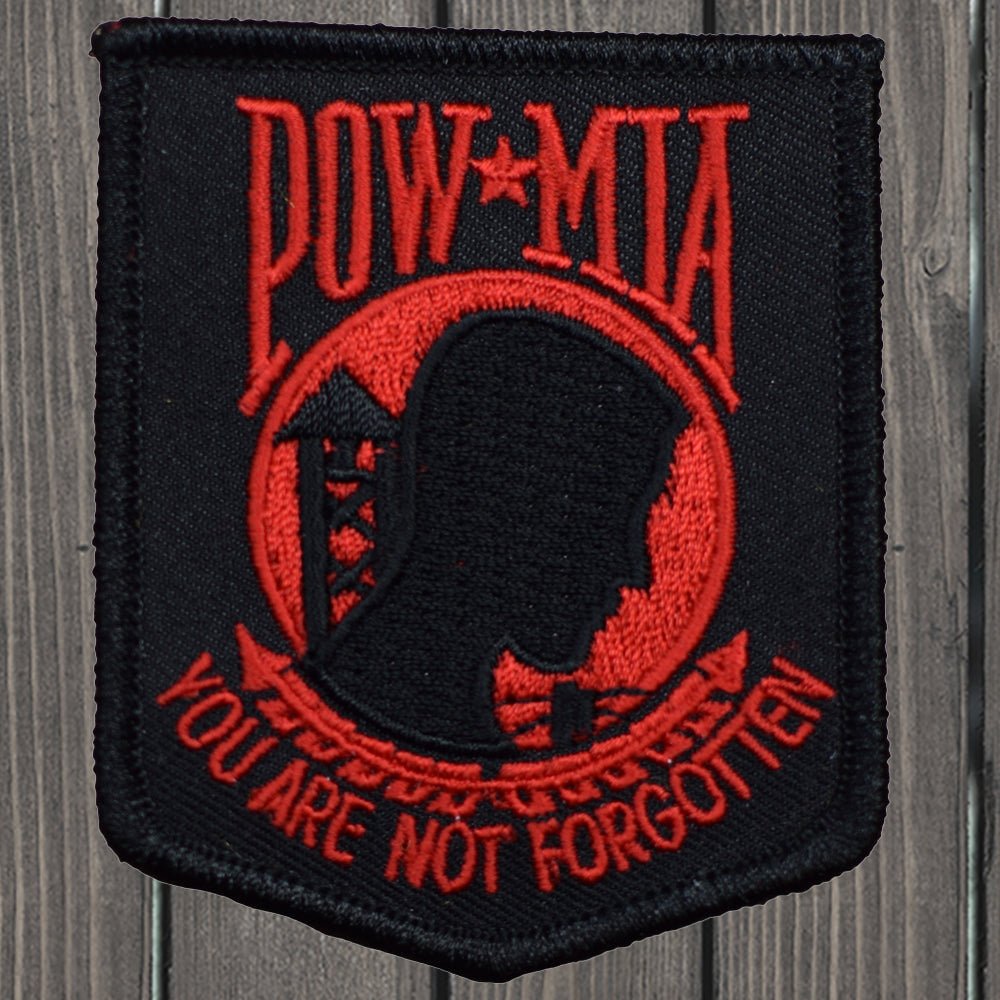 embroidered iron on sew on patch pow mia red black