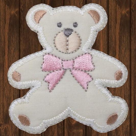 embroidered iron on sew on patch puffy beige childrens teddy bear with bow