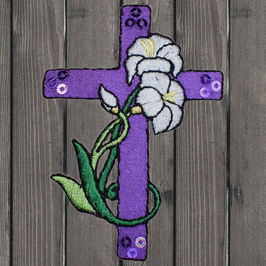 embroidered iron on sew on patch purple cross lillies