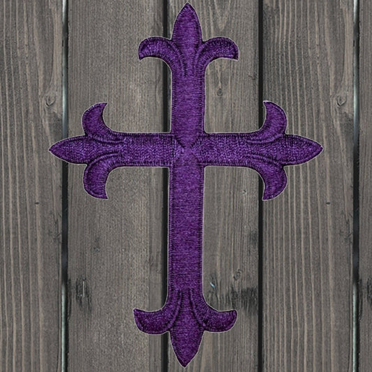 embroidered iron on sew on patch purple fleur de lis religious cross