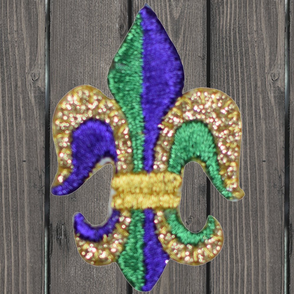 embroidered iron on sew on patch purple green gold fleur de lis