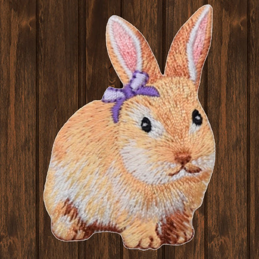 embroidered iron on sew on patch rabbit with lavender bow