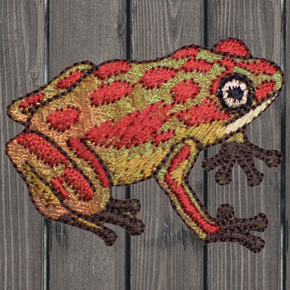 embroidered iron on sew on patch red and shiny yellow frog