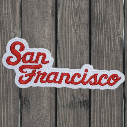 embroidered iron on sew on patch red san francisco script