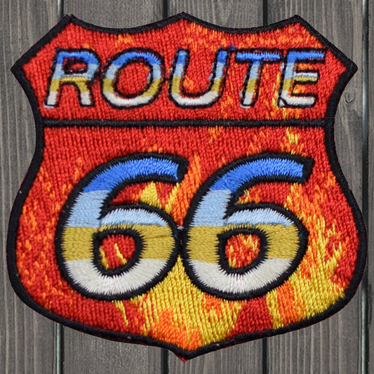 embroidered iron on sew on patch route 66 flames
