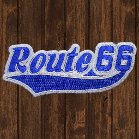 embroidered iron on sew on patch route 66 script blue