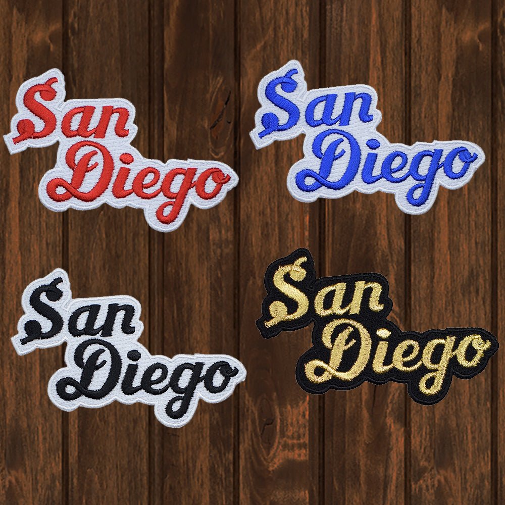 embroidered iron on sew on patch san diego script set