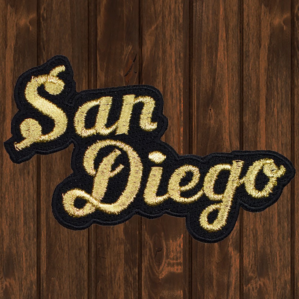 embroidered iron on sew on patch san diego yellow script