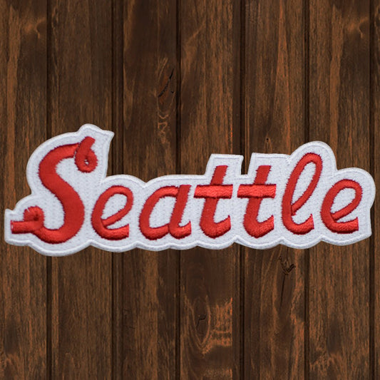 embroidered iron on sew on patch seattle script red