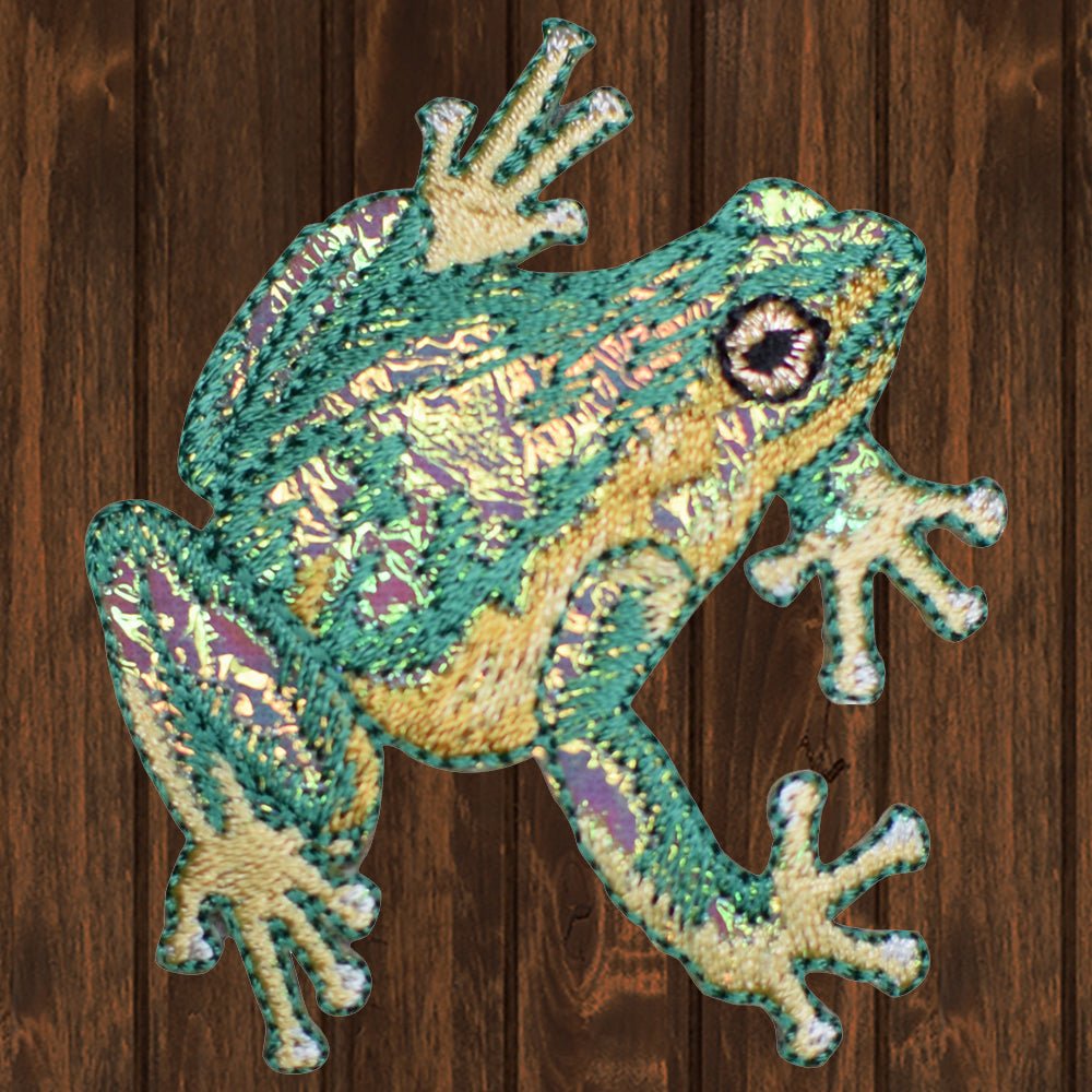 embroidered iron on sew on patch shiny green and yellow frog