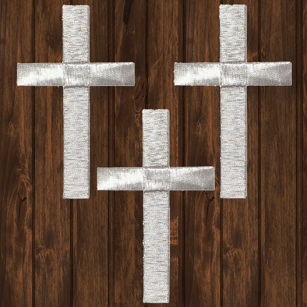 embroidered iron on sew on patch silver cross three pack