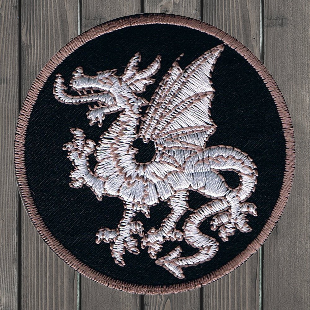 embroidered iron on sew on patch silver dragon black
