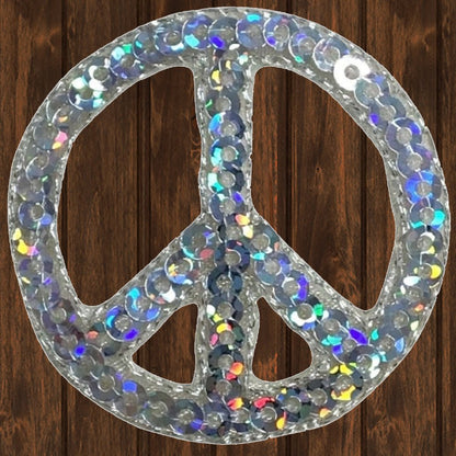 embroidered iron on sew on patch silver sequin peace sign 2