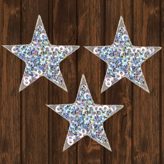 embroidered iron on sew on patch silver sequin star 3 pack