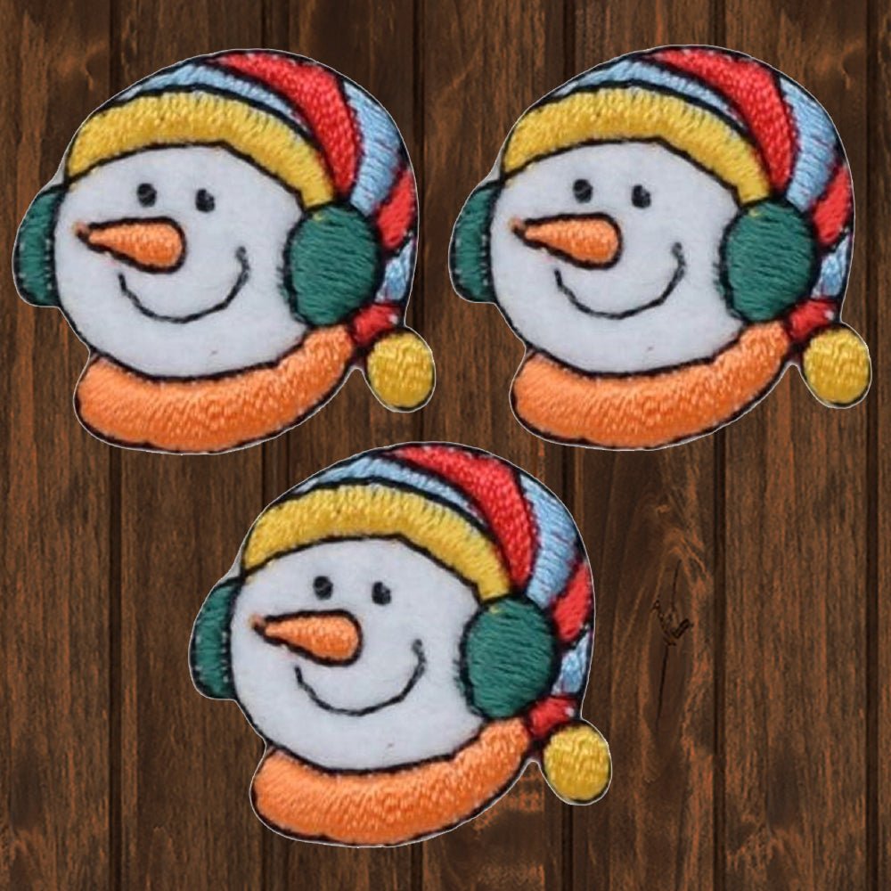 embroidered iron on sew on patch small christmas snowman face with striped hat 2