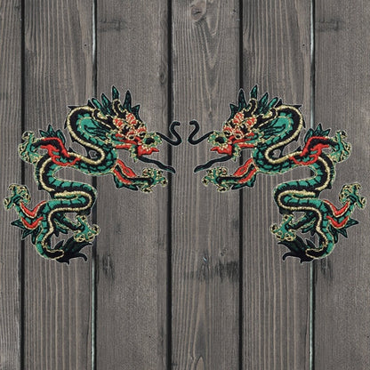 embroidered iron on sew on patch small green dragon set