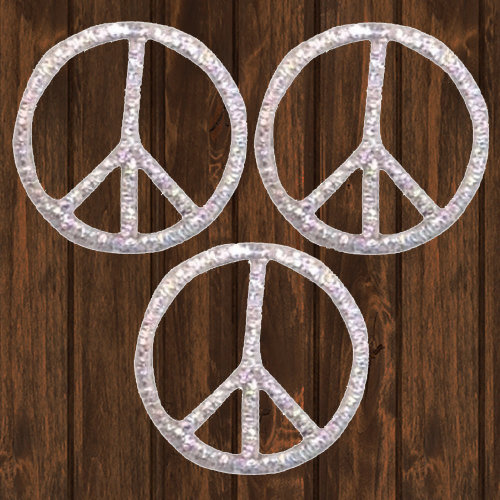 embroidered iron on sew on patch small metallic silver peace sign