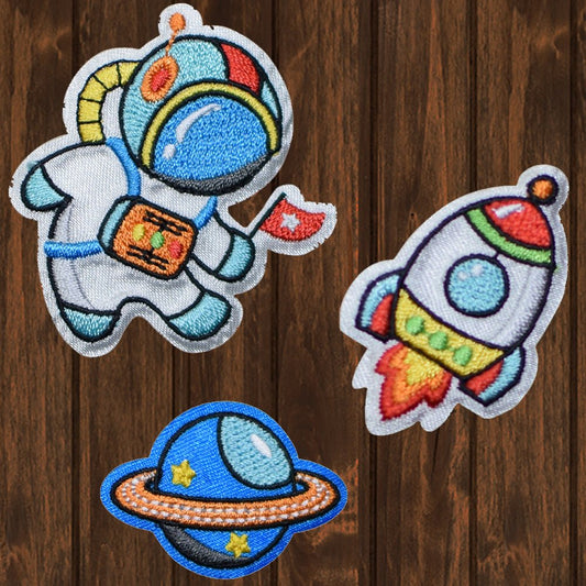 embroidered iron on sew on patch spaceman rocket ship planet
