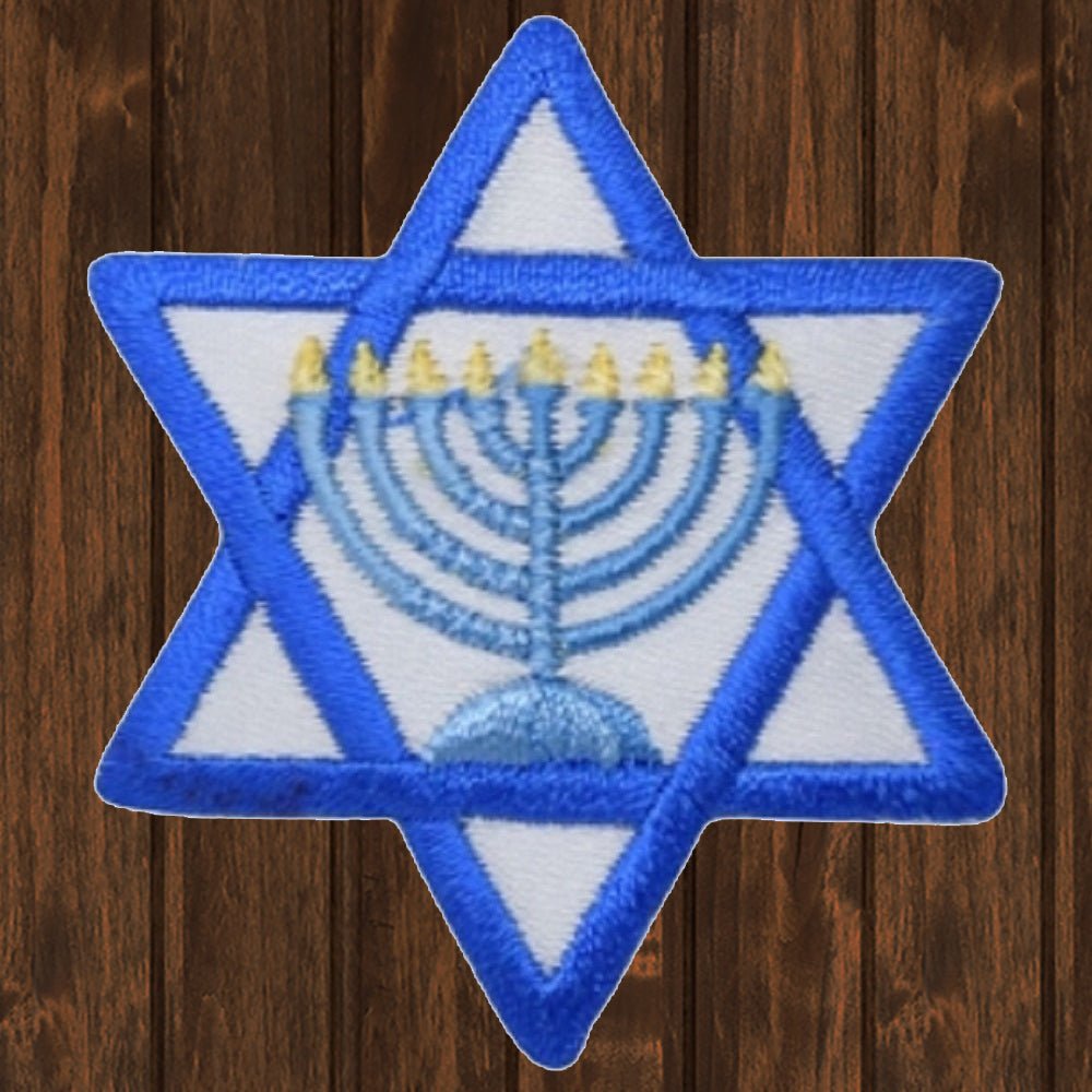 embroidered iron on sew on patch star of david with menorah light blue 2