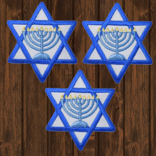 embroidered iron on sew on patch star of david with menorah light blue